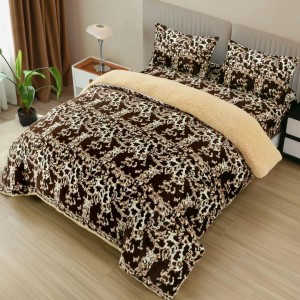 Lenjerie pat dublu cu Elastic, Super Pufoasa COCOLINO cu BLANITA, 4 piese, Bej-Maro, animal print