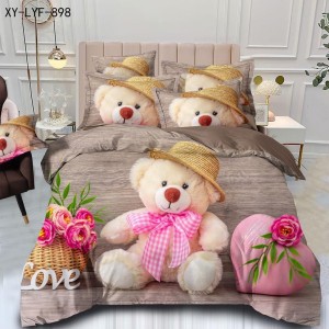 Lenjerie de Pat Dublu,  Finet, 6 piese, Imprimeu 3D Digital Realist, Exact ca in Poza – Culori Durabile, Vopsea Skin-Friendly si intretinere Usoara, Gri, ursulet cu fundiță roz