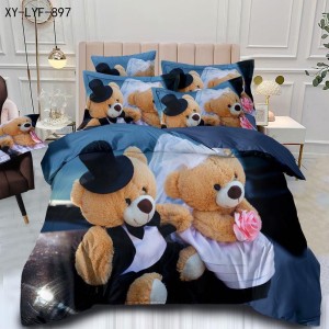 Lenjerie de Pat Dublu,  Finet, 6 piese, Imprimeu 3D Digital Realist, Exact ca in Poza – Culori Durabile, Vopsea Skin-Friendly si intretinere Usoara, Bleumarin, ursuleți mire si mireasa