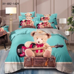 Lenjerie de Pat Dublu,  Finet, 6 piese, Imprimeu 3D Digital Realist, Exact ca in Poza – Culori Durabile, Vopsea Skin-Friendly si intretinere Usoara, Bleu, ursuleț cu chitara