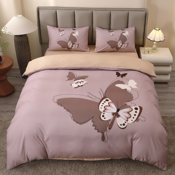 Lenjerie pat dublu, FINET, Imprimeu Digital 5D - Identic cu poza, Cu ELASTIC, 4 piese, Maroniu, Fluturi [1]