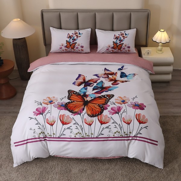 Lenjerie pat dublu, FINET, Imprimeu Digital 5D - Identic cu poza, Cu ELASTIC, 4 piese, Alb, Fluturi  [1]