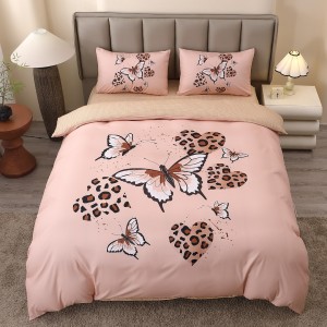 Lenjerie pat dublu, FINET, Imprimeu Digital 5D - Identic cu poza, Cu ELASTIC, 4 piese, Bej, Fluturi si Inimioare