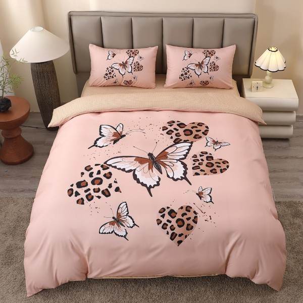 Lenjerie pat dublu, FINET, Imprimeu Digital 5D - Identic cu poza, Cu ELASTIC, 4 piese, Bej, Fluturi si Inimioare [1]