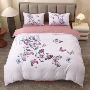 Lenjerie pat dublu, FINET, Imprimeu Digital 5D - Identic cu poza, Cu ELASTIC, 4 piese, Alb, Roz, Fluturi 