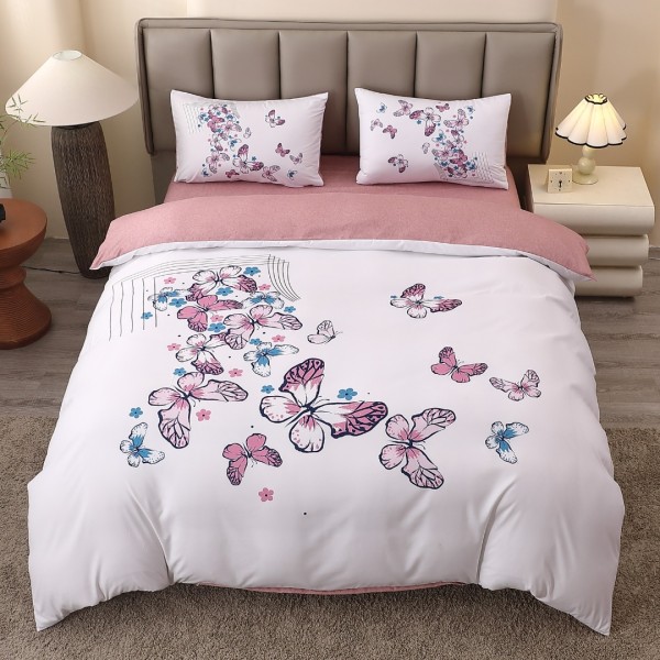 Lenjerie pat dublu, FINET, Imprimeu Digital 5D - Identic cu poza, Cu ELASTIC, 4 piese, Alb, Roz, Fluturi  [1]