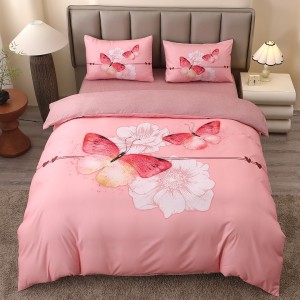 Lenjerie pat dublu, FINET, Imprimeu Digital 5D - Identic cu poza, Cu ELASTIC, 4 piese, Roz, Fluturi 