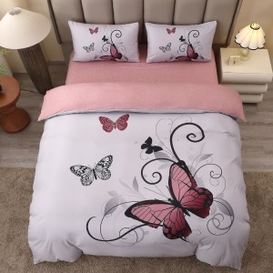 Lenjerie pat dublu, FINET, Imprimeu Digital 5D - Identic cu poza, Cu ELASTIC, 4 piese, Gri, Roz Fluturi Lenjerie pat dublu, FINET, Imprimeu Digital 5D - Identic cu poza, Cu ELASTIC, 4 piese, Gri, Roz Fluturi