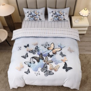 Lenjerie pat dublu, FINET, Imprimeu Digital 5D - Identic cu poza, Cu ELASTIC, 4 piese, Gri, Bleu, Fluturi Lenjerie pat dublu, FINET, Imprimeu Digital 5D - Identic cu poza, Cu ELASTIC, 4 piese, Gri, Bleu, Fluturi