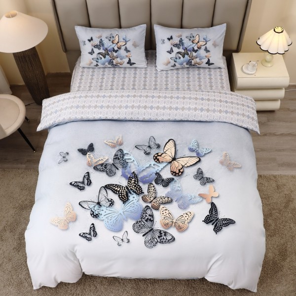 Lenjerie pat dublu, FINET, Imprimeu Digital 5D - Identic cu poza, Cu ELASTIC, 4 piese, Gri, Bleu, Fluturi [1]