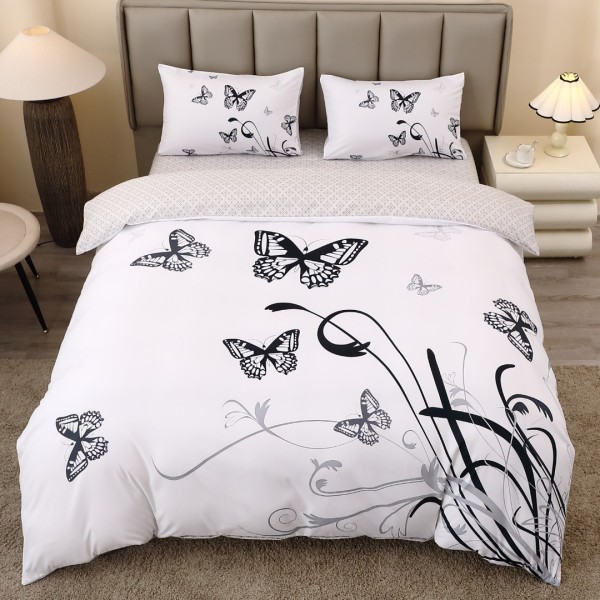 Lenjerie pat dublu, FINET, Imprimeu Digital 5D - Identic cu poza, Cu ELASTIC, 4 piese, Alb, Fluturi [1]