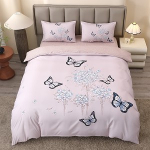 Lenjerie pat dublu, FINET, Imprimeu Digital 5D - Identic cu poza, Cu ELASTIC, 4 piese, Bej, Fluturi 