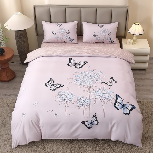 Lenjerie pat dublu, FINET, Imprimeu Digital 5D - Identic cu poza, Cu ELASTIC, 4 piese, Bej, Fluturi  [1]