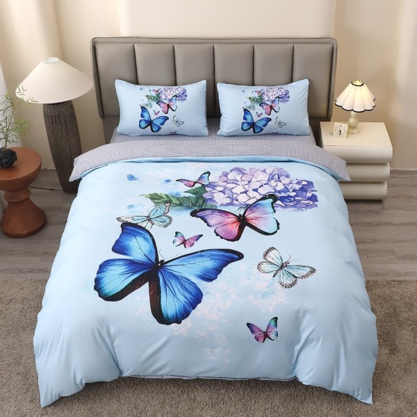 Lenjerie pat dublu, FINET, Imprimeu Digital 5D - Identic cu poza, Cu ELASTIC, 4 piese, Bleu, Fluturi si Hortensie [1]