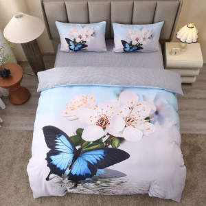 Lenjerie pat dublu, FINET, Imprimeu Digital 5D - Identic cu poza, Cu ELASTIC, 4 piese, Gri, Bleu, Fluturi Lenjerie pat dublu, FINET, Imprimeu Digital 5D - Identic cu poza, Cu ELASTIC, 4 piese, Gri, Bleu, Fluturi