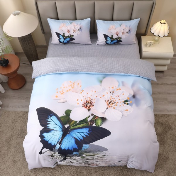 Lenjerie pat dublu, FINET, Imprimeu Digital 5D - Identic cu poza, Cu ELASTIC, 4 piese, Gri, Bleu, Fluturi [1]