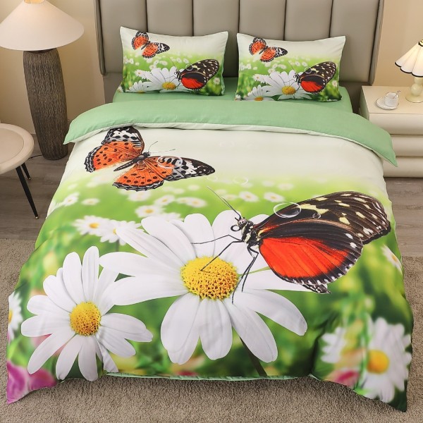 Lenjerie pat dublu, FINET, Imprimeu Digital 5D - Identic cu poza, Cu ELASTIC, 4 piese, Verde, Fluturi  [1]
