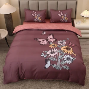 Lenjerie pat dublu, FINET, Imprimeu Digital 5D - Identic cu poza, Cu ELASTIC, 4 piese, Grena, Fluturi 