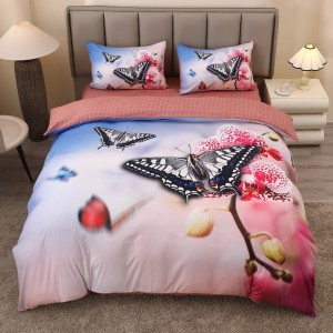 Lenjerie pat dublu, FINET, Imprimeu Digital 5D - Identic cu poza, Cu ELASTIC, 4 piese, Roz, Fluturi 