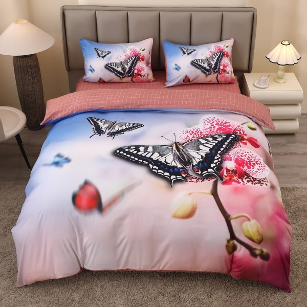 Lenjerie pat dublu, FINET, Imprimeu Digital 5D - Identic cu poza, Cu ELASTIC, 4 piese, Roz, Fluturi  [1]