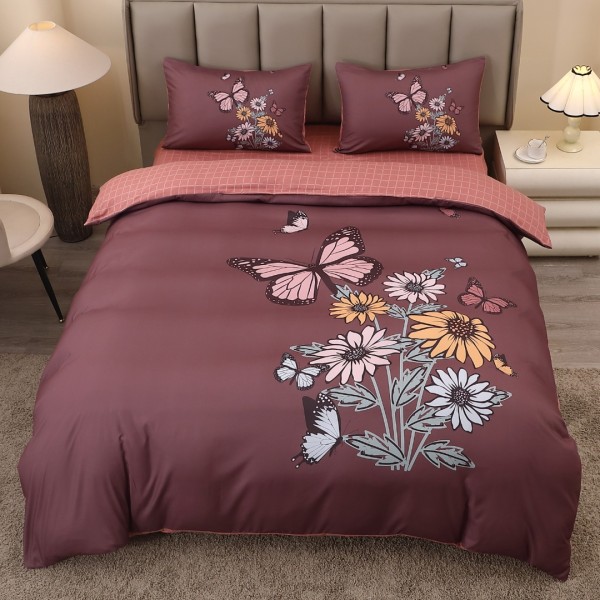 Lenjerie pat dublu, FINET, Imprimeu Digital 5D - Identic cu poza, Cu ELASTIC, 4 piese, Grena, Fluturi  [1]