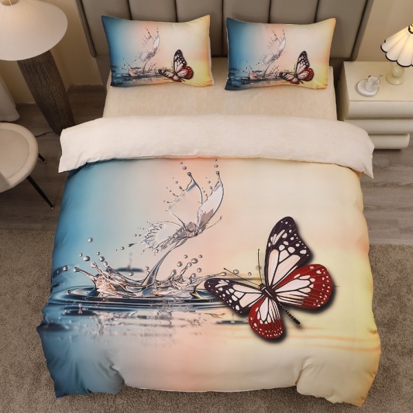 Lenjerie pat dublu, FINET, Imprimeu Digital 5D - Identic cu poza, Cu ELASTIC, 4 piese, Galben, Bleu, Fluturi [1]