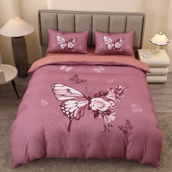 Lenjerie pat dublu, FINET, Imprimeu Digital 5D - Identic cu poza, Cu ELASTIC, 4 piese, Roz Ars, Fluturi  [1]