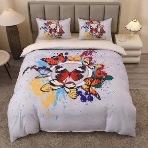 Lenjerie pat dublu, FINET, Imprimeu Digital 5D - Identic cu poza, Cu ELASTIC, 4 piese, Gri, Fluturi