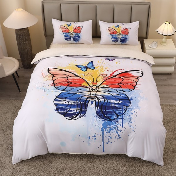 Lenjerie pat dublu, FINET, Imprimeu Digital 5D - Identic cu poza, Cu ELASTIC, 4 piese, Alb, Albastru, Fluturi  [1]