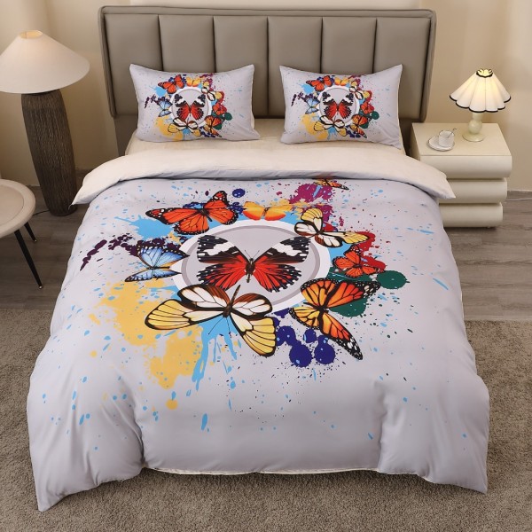 Lenjerie pat dublu, FINET, Imprimeu Digital 5D - Identic cu poza, Cu ELASTIC, 4 piese, Gri, Fluturi [1]