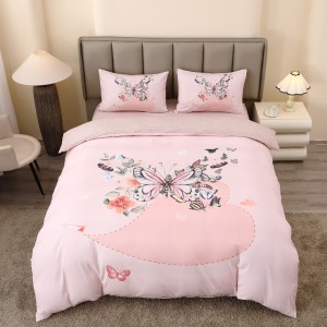 Lenjerie pat dublu, FINET, Imprimeu Digital 5D - Identic cu poza, Cu ELASTIC, 4 piese, Somon, Fluturi 