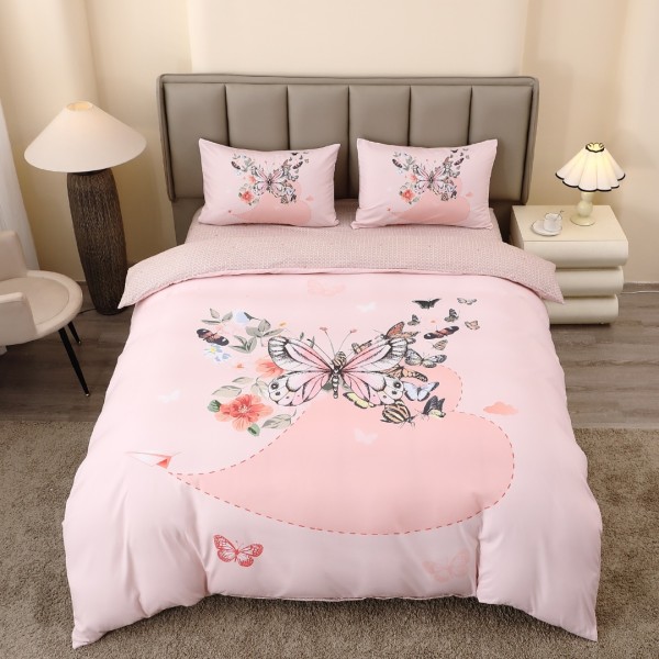 Lenjerie pat dublu, FINET, Imprimeu Digital 5D - Identic cu poza, Cu ELASTIC, 4 piese, Somon, Fluturi  [1]