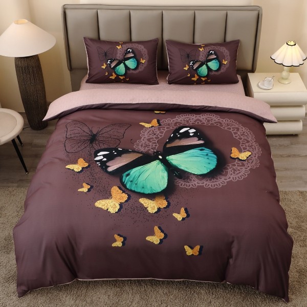 Lenjerie pat dublu, FINET, Imprimeu Digital 5D - Identic cu poza, Cu ELASTIC, 4 piese, Maro, Fluturi [1]