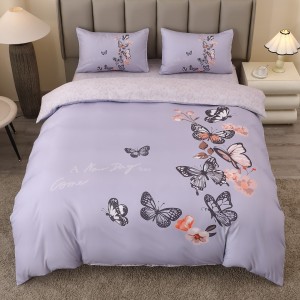 Lenjerie pat dublu, FINET, Imprimeu Digital 5D - Identic cu poza, Cu ELASTIC, 4 piese, Lila, Fluturi