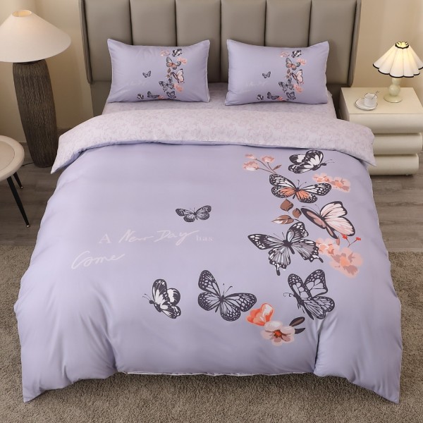 Lenjerie pat dublu, FINET, Imprimeu Digital 5D - Identic cu poza, Cu ELASTIC, 4 piese, Lila, Fluturi [1]