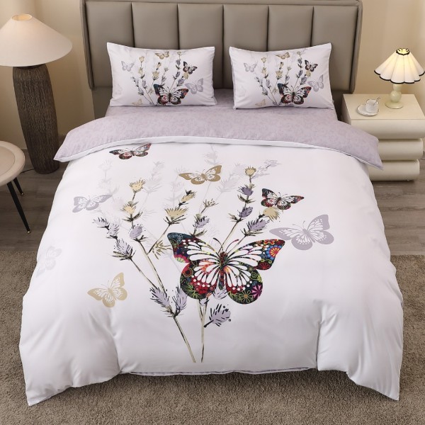 Lenjerie pat dublu, FINET, Imprimeu Digital 5D - Identic cu poza, Cu ELASTIC, 4 piese, Alb, Gri, Fluturi  [1]