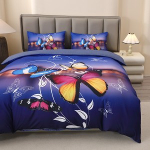 Lenjerie pat dublu, FINET, Imprimeu Digital 5D - Identic cu poza, Cu ELASTIC, 4 piese, Albastru, Fluturi 