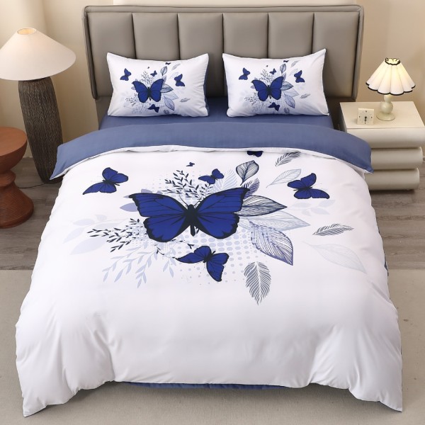 Lenjerie pat dublu, FINET, Imprimeu Digital 5D - Identic cu poza, Cu ELASTIC, 4 piese, Alb, Albastru, Fluturi  [1]
