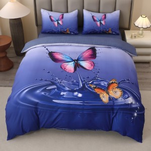 Lenjerie pat dublu, FINET, Imprimeu Digital 5D - Identic cu poza, Cu ELASTIC, 4 piese, Albastru, Fluturi 