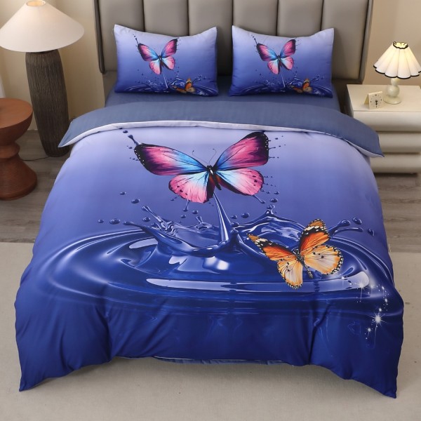 Lenjerie pat dublu, FINET, Imprimeu Digital 5D - Identic cu poza, Cu ELASTIC, 4 piese, Albastru, Fluturi  [1]