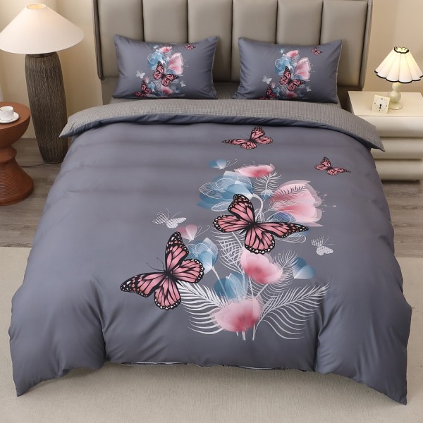 Lenjerie pat dublu, FINET, Imprimeu Digital 5D - Identic cu poza, Cu ELASTIC, 4 piese, Gri, Fluturi  [1]