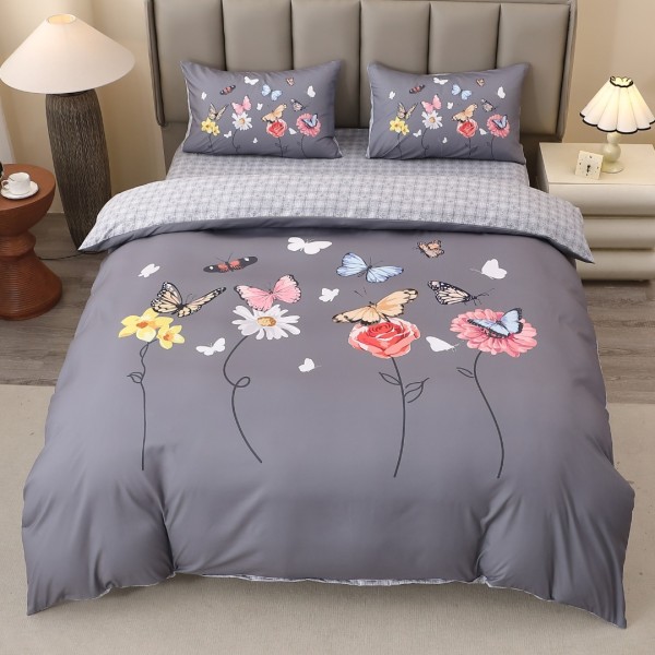 Lenjerie pat dublu, FINET, Imprimeu Digital 5D - Identic cu poza, Cu ELASTIC, 4 piese, Gri, Fluturi  [1]