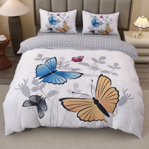 Lenjerie pat dublu, FINET, Imprimeu Digital 5D - Identic cu poza, Cu ELASTIC, 4 piese, Alb, Gri, Fluturi