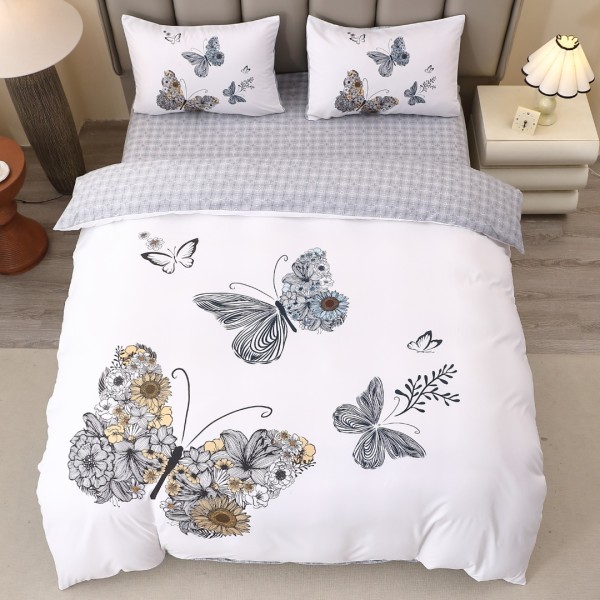 Lenjerie pat dublu, FINET, Imprimeu Digital 5D - Identic cu poza, Cu ELASTIC, 4 piese, Alb, Gri, Fluturi  [1]