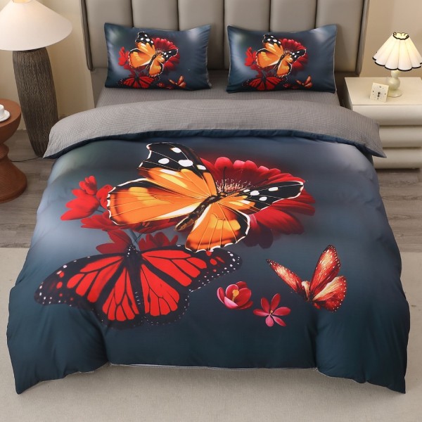 Lenjerie pat dublu, FINET, Imprimeu Digital 5D - Identic cu poza, Cu ELASTIC, 4 piese, Gri, Fluturi  [1]