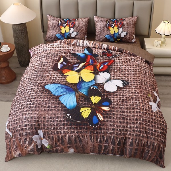Lenjerie pat dublu, FINET, Imprimeu Digital 5D - Identic cu poza, Cu ELASTIC, 4 piese, Bej, Fluturi [1]