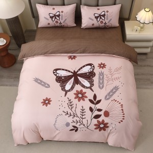 Lenjerie pat dublu, FINET, Imprimeu Digital 5D - Identic cu poza, Cu ELASTIC, 4 piese, Bej, Fluturi 