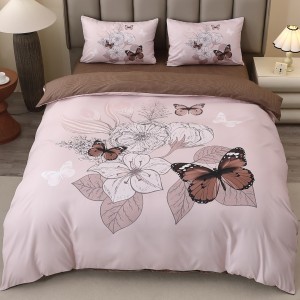 Lenjerie pat dublu, FINET, Imprimeu Digital 5D - Identic cu poza, Cu ELASTIC, 4 piese, Bej, Fluturi 