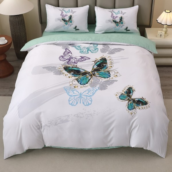 Lenjerie pat dublu, FINET, Imprimeu Digital 5D - Identic cu poza, Cu ELASTIC, 4 piese, Alb, Vernil, Fluturi  [1]
