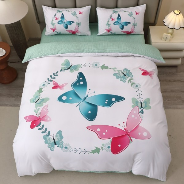 Lenjerie pat dublu, FINET, Imprimeu Digital 5D - Identic cu poza, Cu ELASTIC, 4 piese, Alb, Verde, Fluturi  [1]